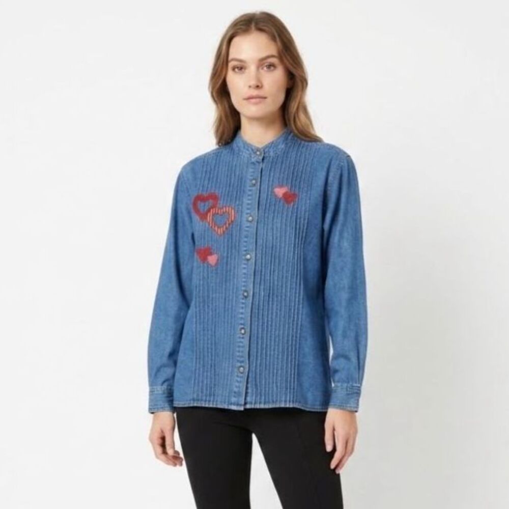 Sun Belt Denim Womens Blue Denim Red Heart Pintuck Detail LS Vintage Shirt Sz XL